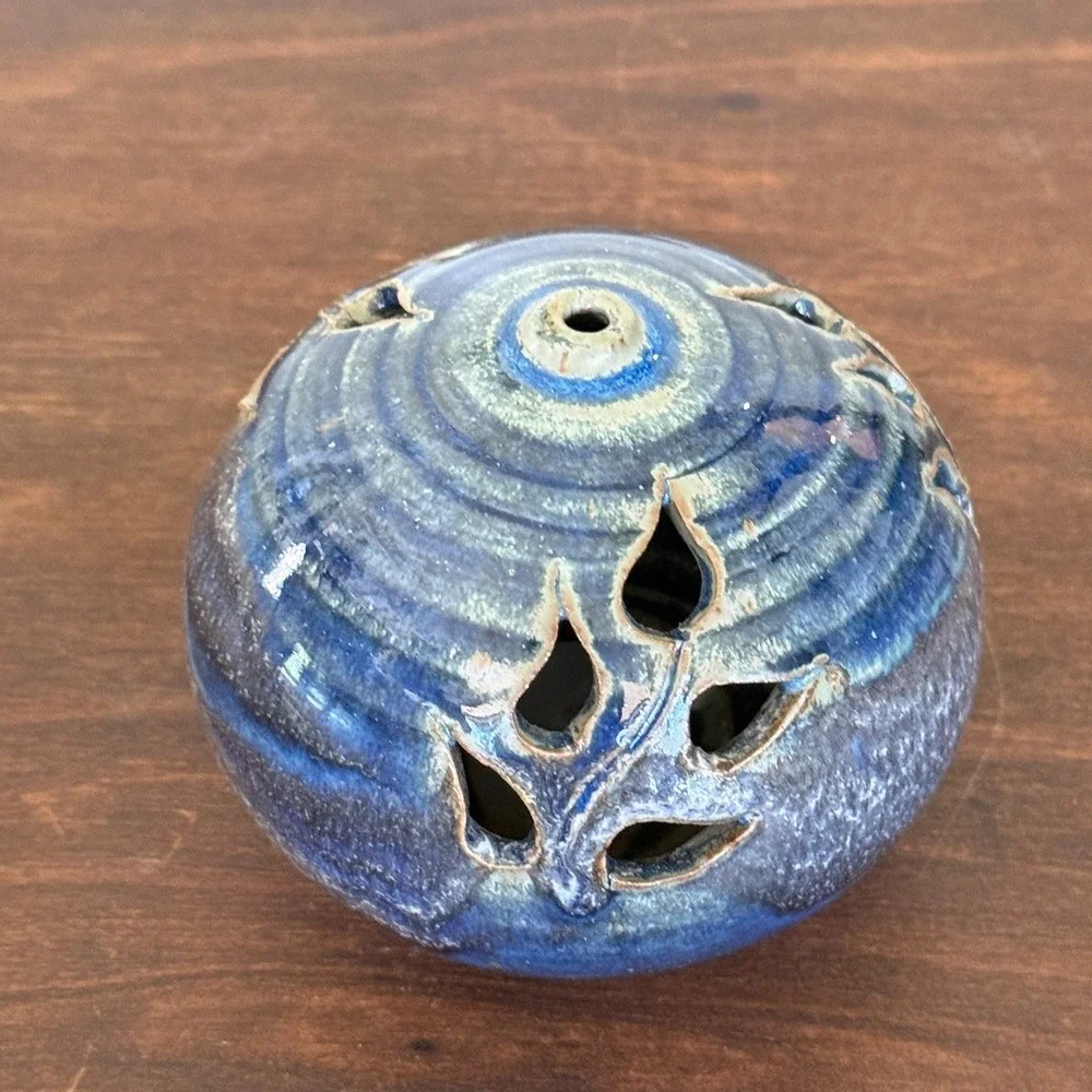 Bill Colby Pottery Blue Glazed Ceramic Potpourri Diffuser Leaf Cutouts Artisan